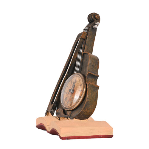 Violin Model Figurine Creative Table Clock Rests On Book Vintage