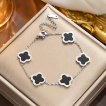 (Silver black shell) Titanium steel gold four-leaf clover mother-of-pearl bracelet, fashionable, simple and light luxury four-leaf clover forest style