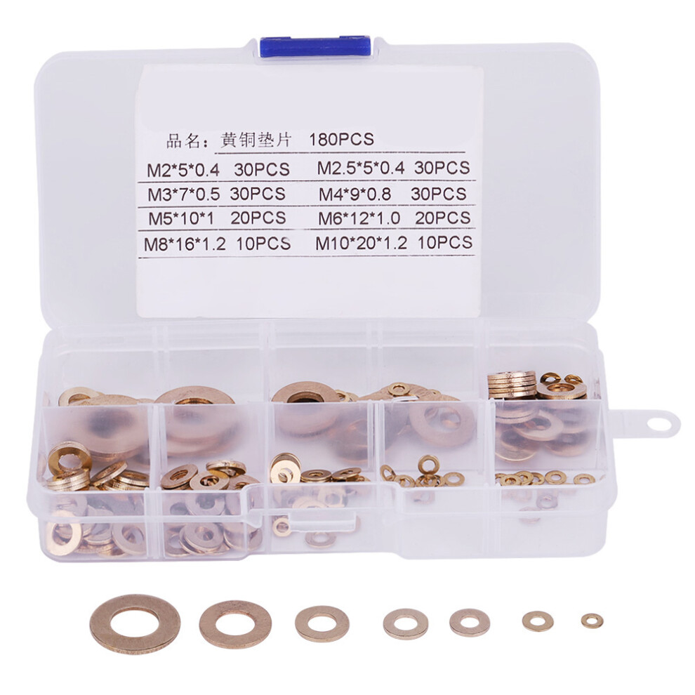 180Pcs Brass Flat Washer Assortment Set with Box