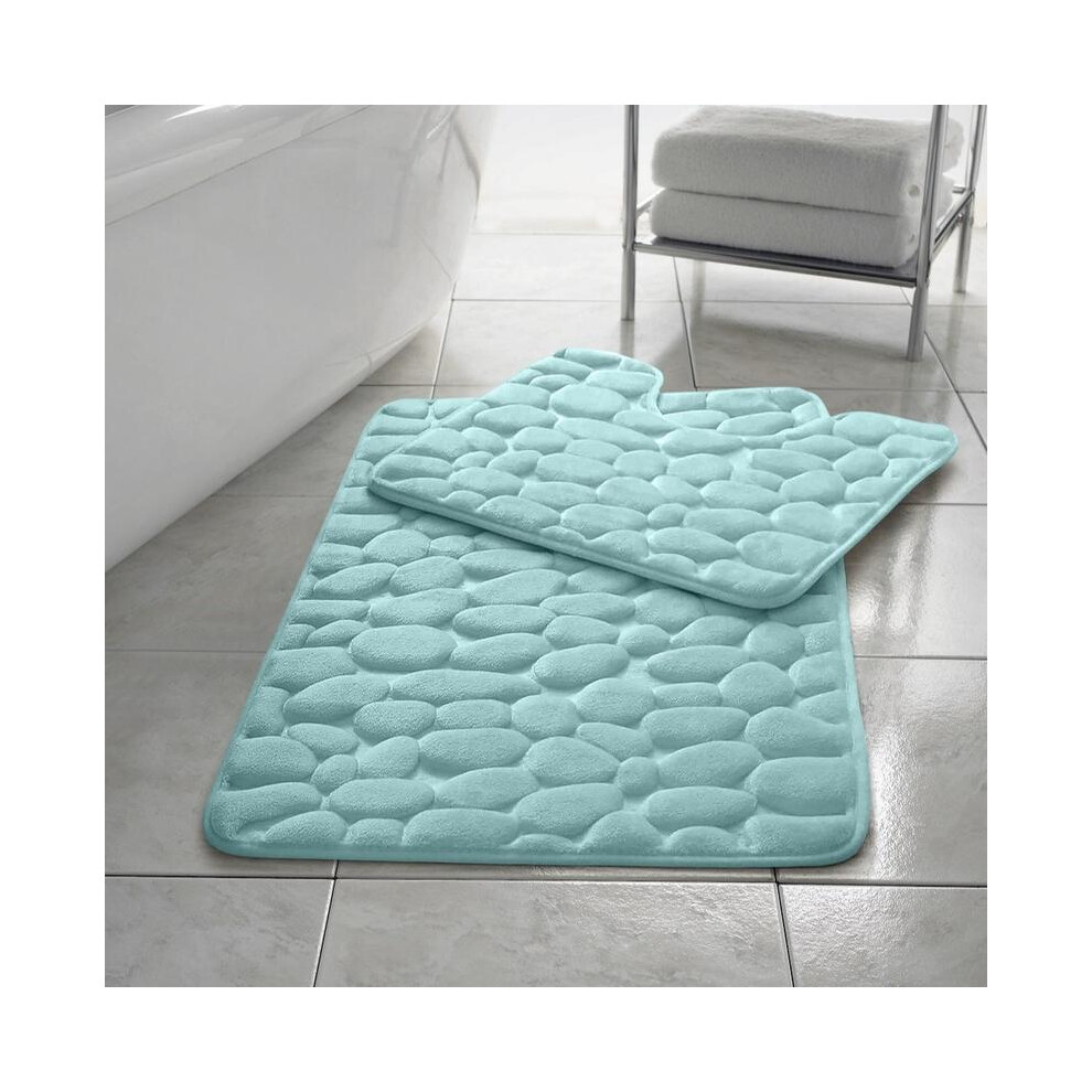 (Aqua) Bath Mat Set Thick Pebbles 2 Piece Anti Slip Rubber Back Toilet Bathroom Shower Room Pedestal Memory Foam Rug 5031832422918