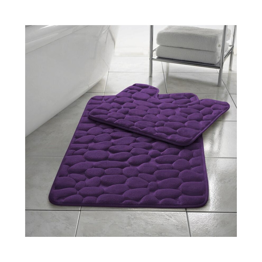 (Plum) Bath Mat Set Thick Pebbles 2 Piece Anti Slip Rubber Back Toilet Bathroom Shower Room Pedestal Memory Foam Rug 5031832422994