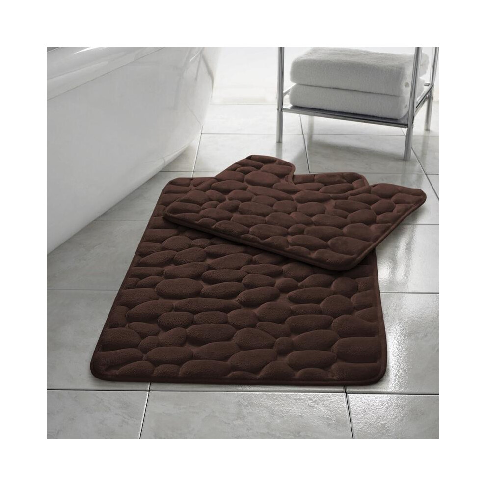 (Chocolate) Bath Mat Set Thick Pebbles 2 Piece Anti Slip Rubber Back Toilet Bathroom Shower Room Pedestal Memory Foam Rug 5031832422949