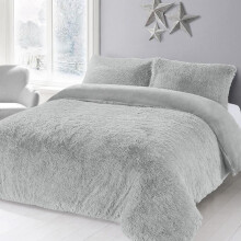 (Silver, Double) Luxury Cuddle Duvet Cover Set Soft Warm Cuddly Fleece Fur Bedding Set