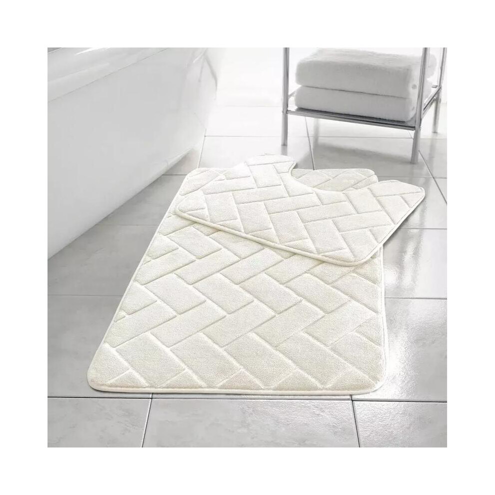 (Cream) Memory Foam Non Slip Bath Mat Set 2 Piece Rubber Pedestal Toilet Bathroom Rug Retro 5031832420747