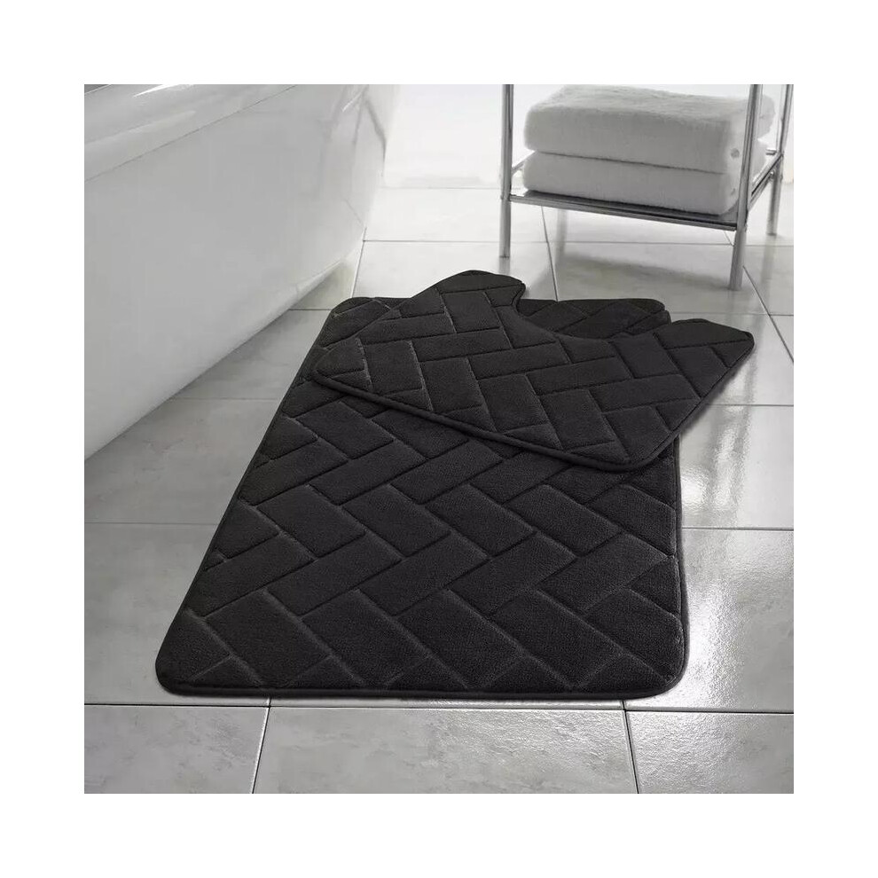 (Black) Memory Foam Non Slip Bath Mat Set 2 Piece Rubber Pedestal Toilet Bathroom Rug Retro 5031832420723