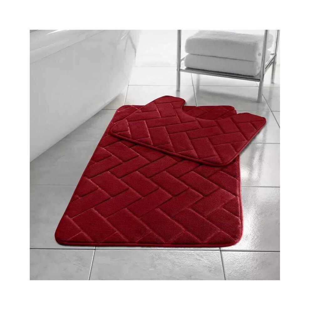 (Red) Memory Foam Non Slip Bath Mat Set 2 Piece Rubber Pedestal Toilet Bathroom Rug Retro 5031832420785