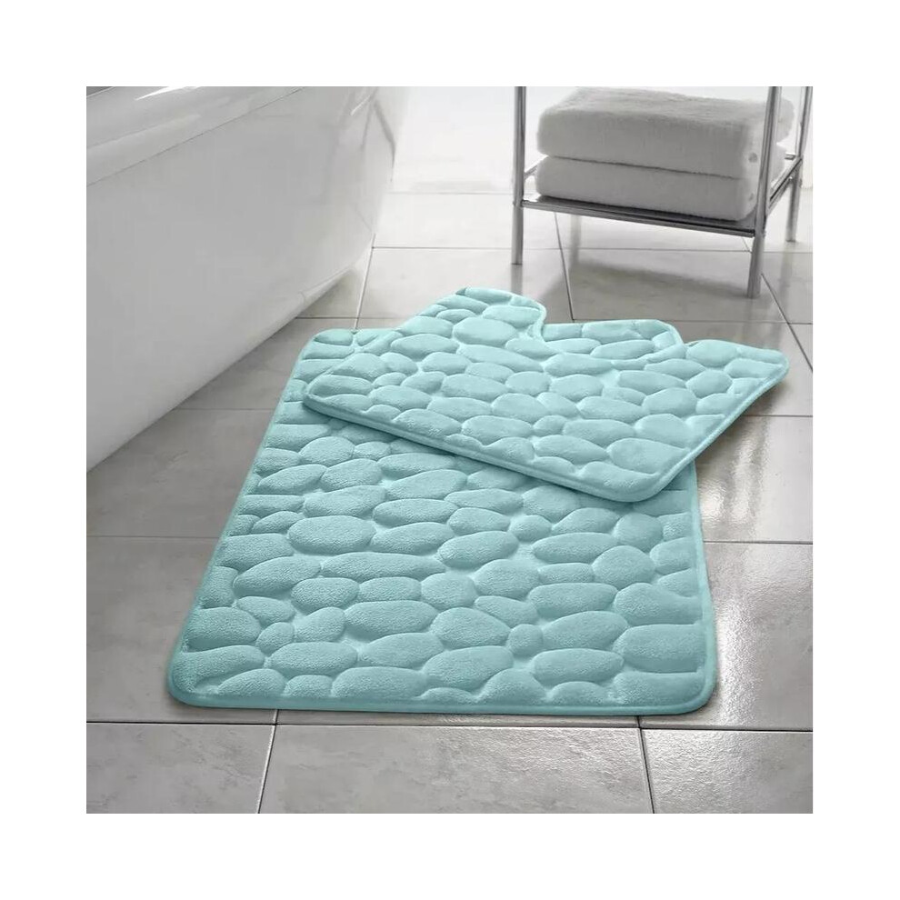 (Aqua ) Memory Foam Non Slip Bath Mat Set 2 Piece Rubber Pedestal Toilet Bathroom Rug Retro 5031832420600