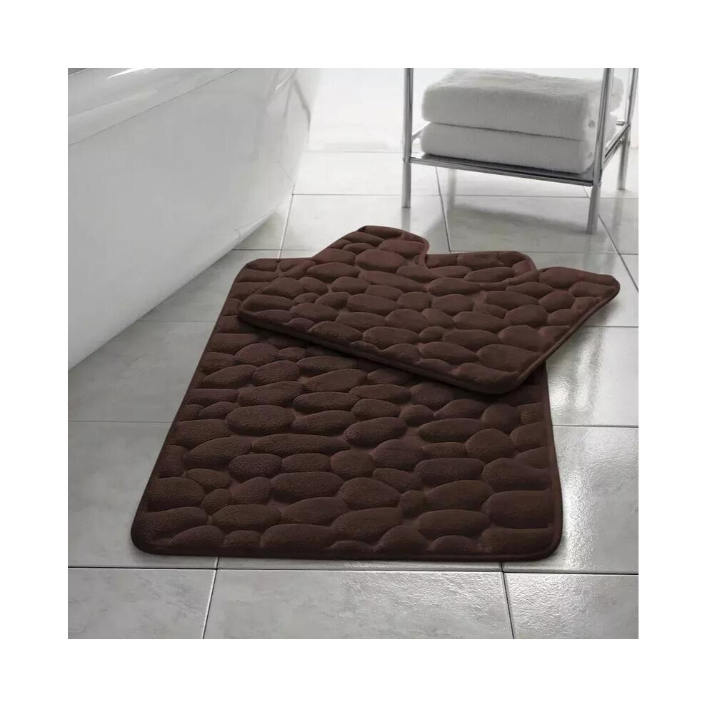 (Chocolate) Memory Foam Non Slip Bath Mat Set 2 Piece Rubber Pedestal Toilet Bathroom Rug Retro 5031832420624
