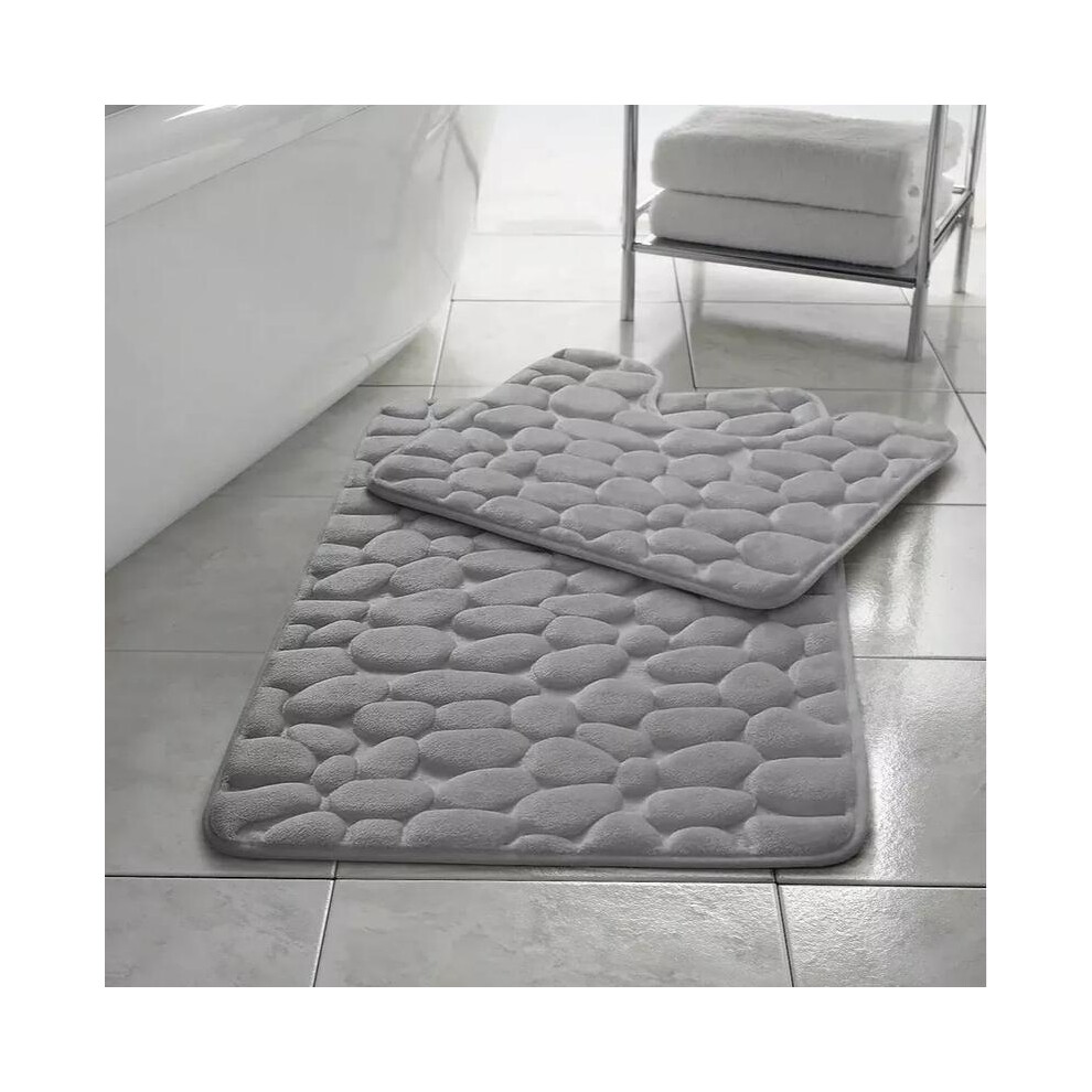 (Silver) Memory Foam Non Slip Bath Mat Set 2 Piece Rubber Pedestal Toilet Bathroom Rug Retro 5031832420709