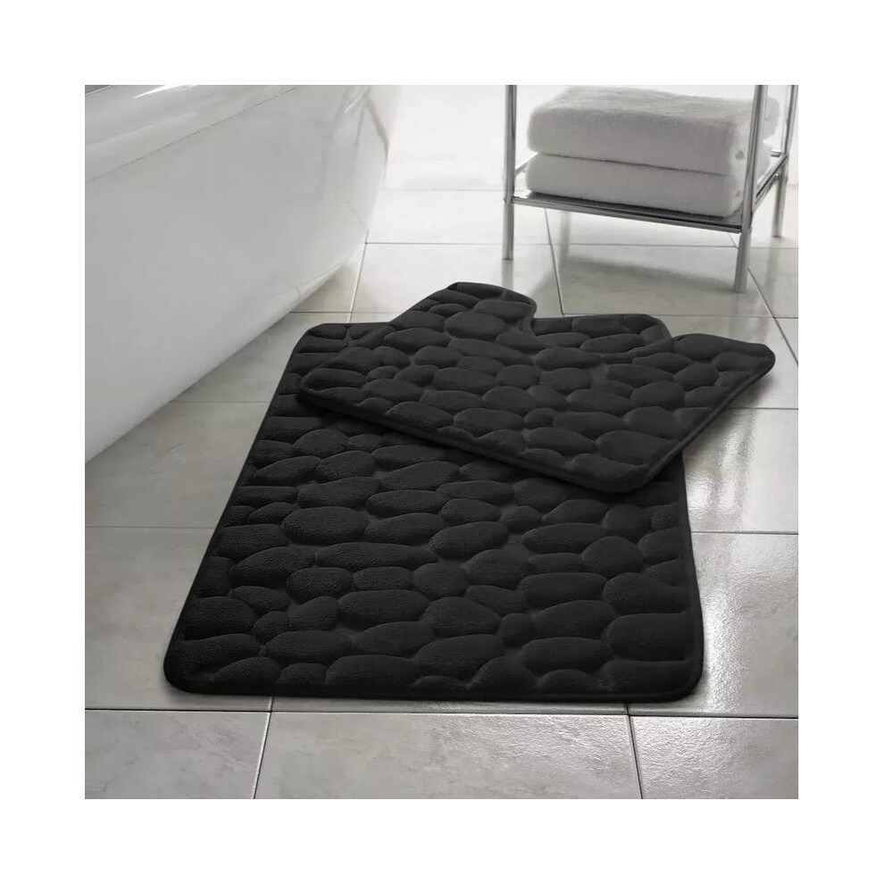 (Black) Memory Foam Non Slip Bath Mat Set 2 Piece Rubber Pedestal Toilet Bathroom Rug Retro 5031832420617