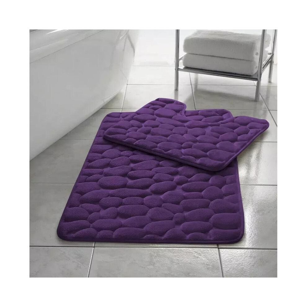 (Plum) Memory Foam Non Slip Bath Mat Set 2 Piece Rubber Pedestal Toilet Bathroom Rug Retro 5031832420679