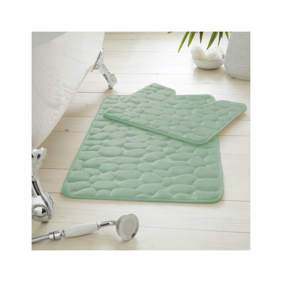 (Sage Green) Memory Foam Non Slip Bath Mat Set 2 Piece Rubber Pedestal Toilet Bathroom Rug Retro 5031832420693