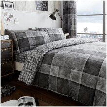 (Denim Check Grey , King) Duvet Cover Set Reversible Check Soft & Cosy Poly Cotton Printed Bedding Single Double King Size