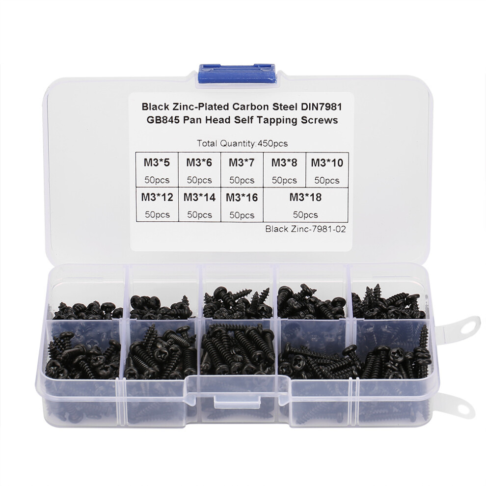 450Pcs Black M3 Cross Pan Head Self Tapping Screws