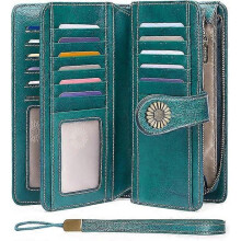 Wallets for Women Genuine Leather Credit Card Holder with RFID Blocking Large Capacity Wristlet - Peacock blue
