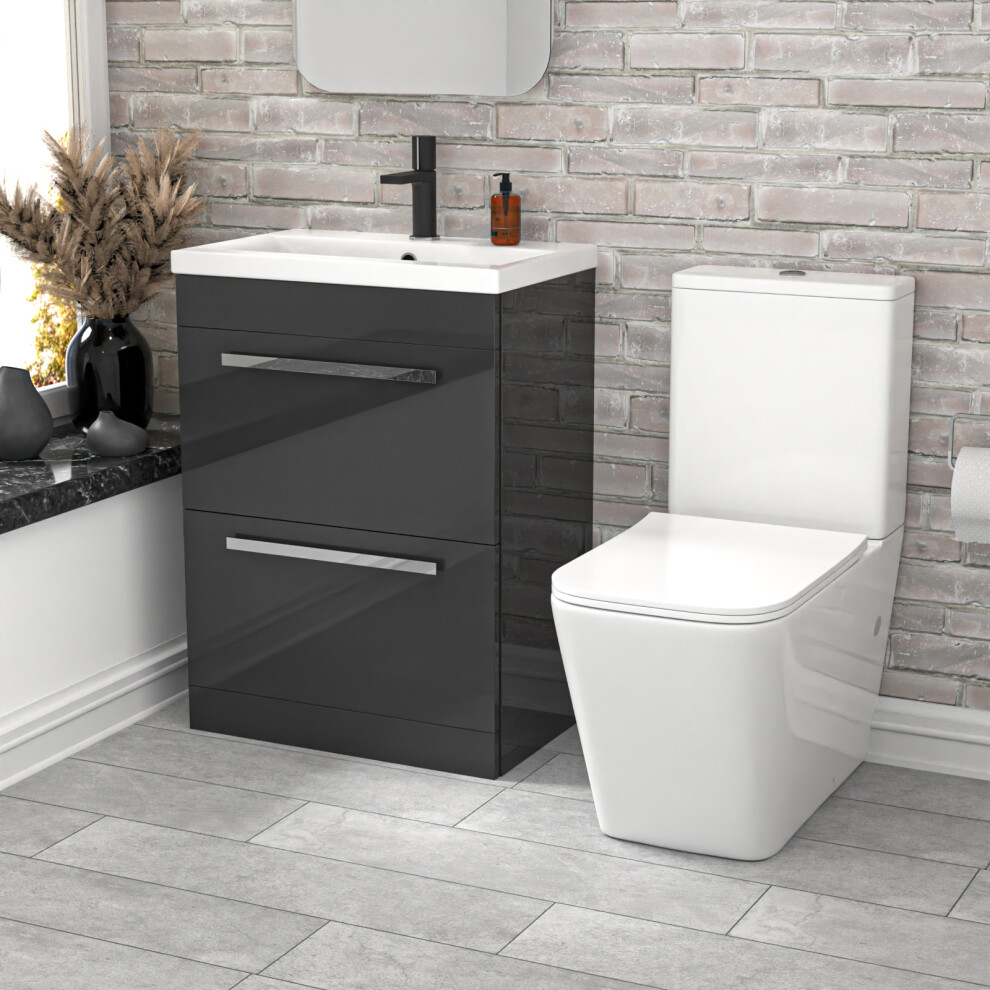 Nes Home 600mm Dark Grey 2 Drawers Basin Vanity Rimless Square Toilet-image-OPC-PKG75CT-NEW