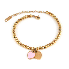 (Pink heart - gold) 2PCS Round bead bracelet, titanium steel beaded enamel peach heart heart-shaped pendant bracelet, women's accessory