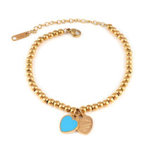 (Blue heart - gold) 2PCS Round bead bracelet, titanium steel beaded enamel peach heart heart-shaped pendant bracelet, women's accessory