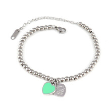 (Green heart - silver) 2PCS Round bead bracelet, titanium steel beaded enamel peach heart heart-shaped pendant bracelet, women's accessory