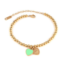(Green heart - gold) 2PCS Round bead bracelet, titanium steel beaded enamel peach heart heart-shaped pendant bracelet, women's accessory