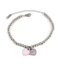 (Pink heart - silver) 2PCS Round bead bracelet, titanium steel beaded enamel peach heart heart-shaped pendant bracelet, women's accessory