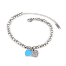 (Blue heart - silver) 2PCS Round bead bracelet, titanium steel beaded enamel peach heart heart-shaped pendant bracelet, women's accessory