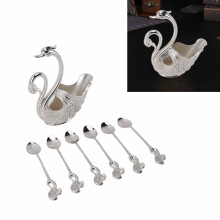 Elegant Swan Dinnerware Set with 6 Spoons, Silver & White