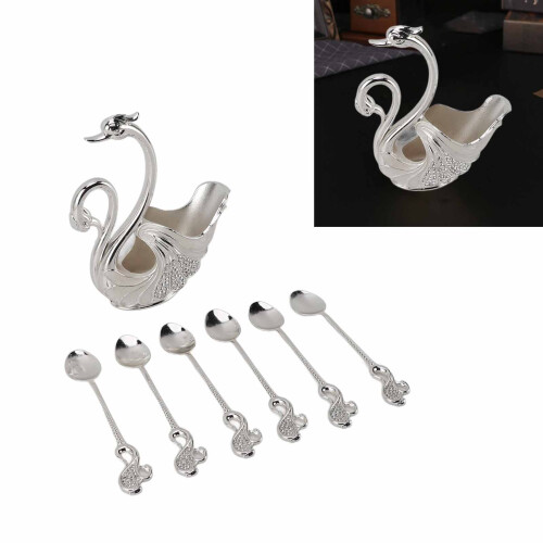 Elegant Swan Dinnerware Set with 6 Spoons, Silver & White