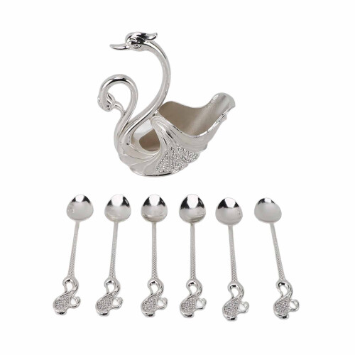 Elegant Swan Dinnerware Set with 6 Spoons, Silver & White 1