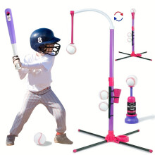 (Pink Baseball Set) 3-in-1 Baseball Toy Set | Includes Tee, Stand & Automatic Launcher with Adjustable Height | Perfect Indoor/Outdoor Sports Gift for Boys & Girls