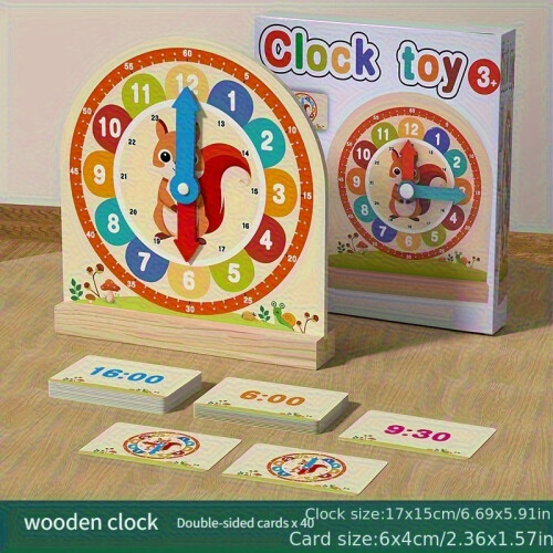 (Squirrel Wooden Clock) Non-Real Clock, Wooden Clock Model for Math and Cognitive Skills Development, Timer Model, Digital Clock, Time Awareness