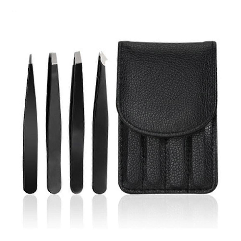 Black Professional Stainless Steel Tweezers Set, Precision Eyebrow Tweezers, Four Pieces