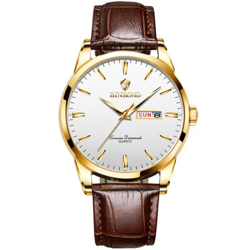 ((Men's style) Brown genuine leather - all gold - white surface) BINBOND宾邦手表一件代发热销双日历防水情侣手表非机械表手表女