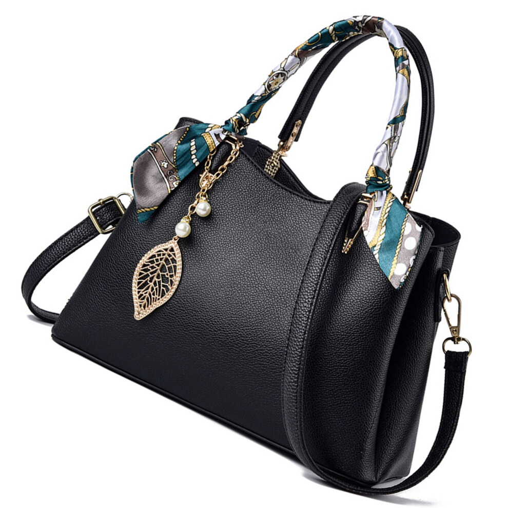 Large Capacity PU Handbag for Women - 32x21x14cm Black with Green Scarf-image-OPC-PKG7H7W-NEW