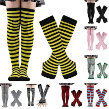 Womens Long Socks Striped Arm Warmer Fingerless Gloves Set for Cosplay Party