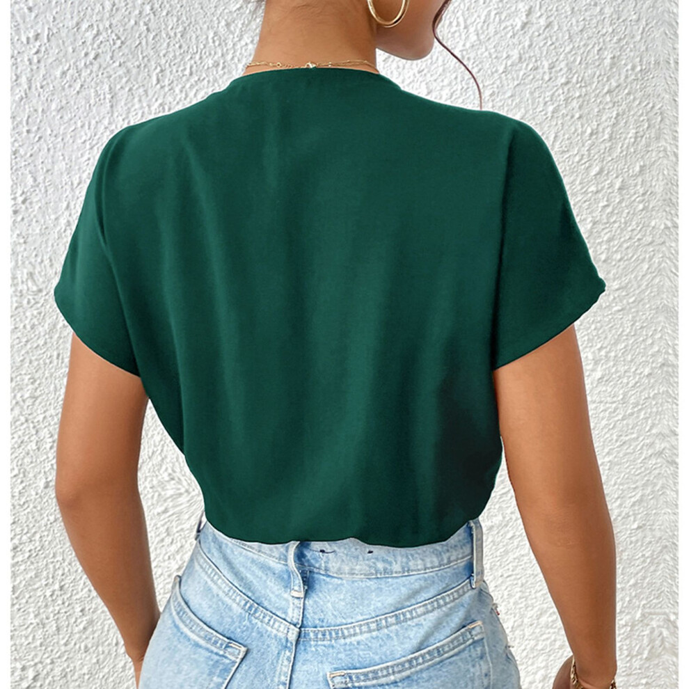 Dark Green Short Sleeve Bodysuit with V Neck, Sizes S-XL-image-OPC-PKG8F5X-NEW