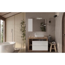 Mobile bagno composto L110cm - Lavabo + 2 Cassetti + 3 nicchie - Colore rovere chiaro e bianco lucido - HAMBOURG