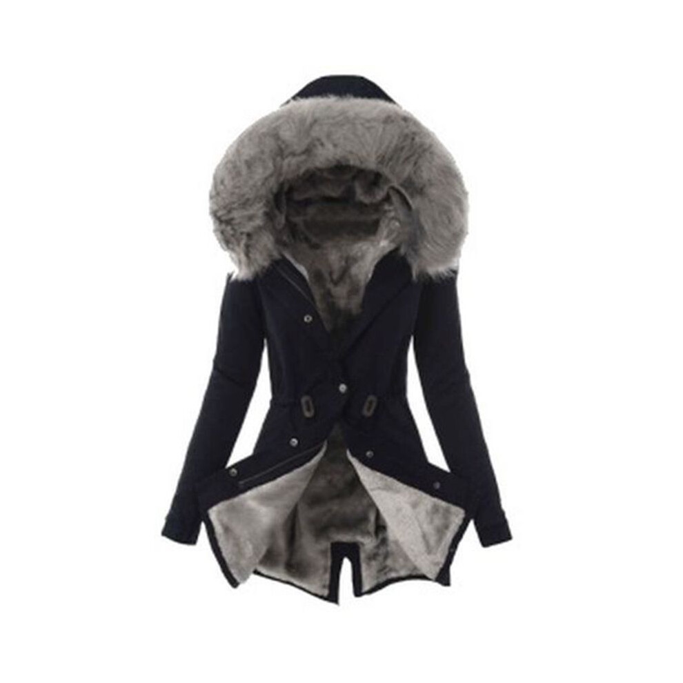 (Black Gray, L) Fur Women Faux Collar Hooded Coats Parka Winter Warm Fleece Jacket Coat Lined