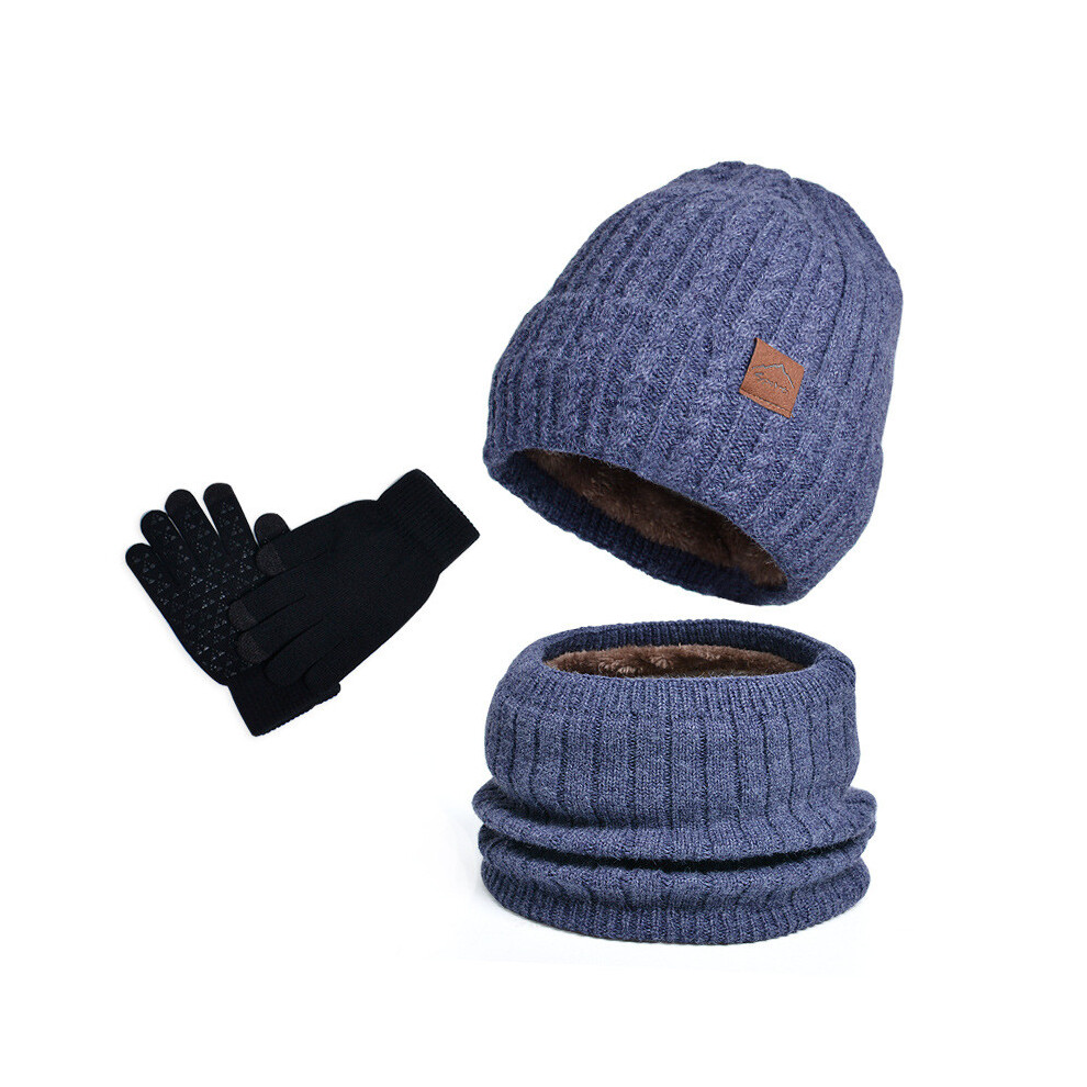 (Navy Three) Knitted Warm Winter Hat Gloves And Scarf Set For Activities Outdoor Winter Blue