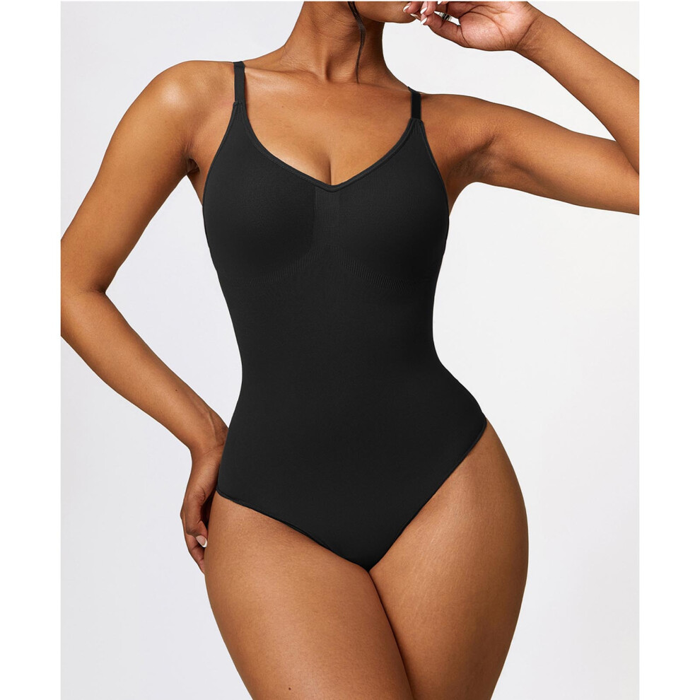 Women's Black V-Neck Slimming One Piece Bodysuit, Size M-image-OPC-PKGBRGD-NEW