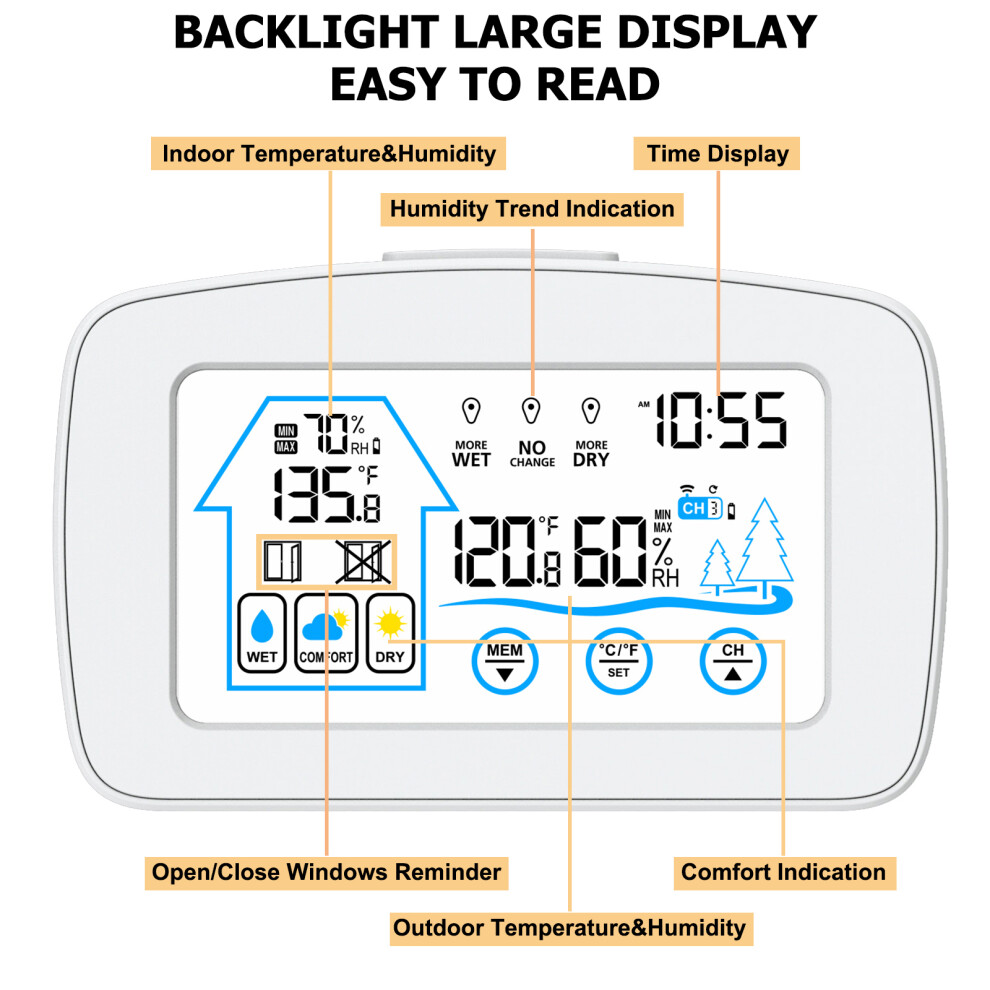 Backlight Touch Screen Digital Weather Station With 3-Channel Sensors, Temp & Humidity Monitor, Black/White 8311349457694
