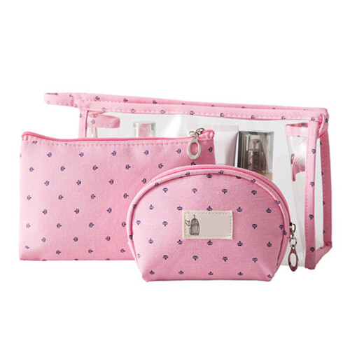 Set da 3 pochette per trucco - PVC trasparente, rosa da viaggio 1
