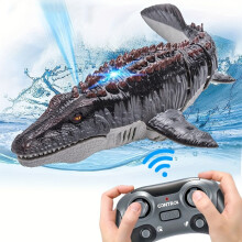(3712-3A black battery 1) Mosasaur Dinosaur Toy, Upgraded Remote Control Water/Pool Toy, Remote Control Dinosaur with Light and Water Spray, Rechargeable
