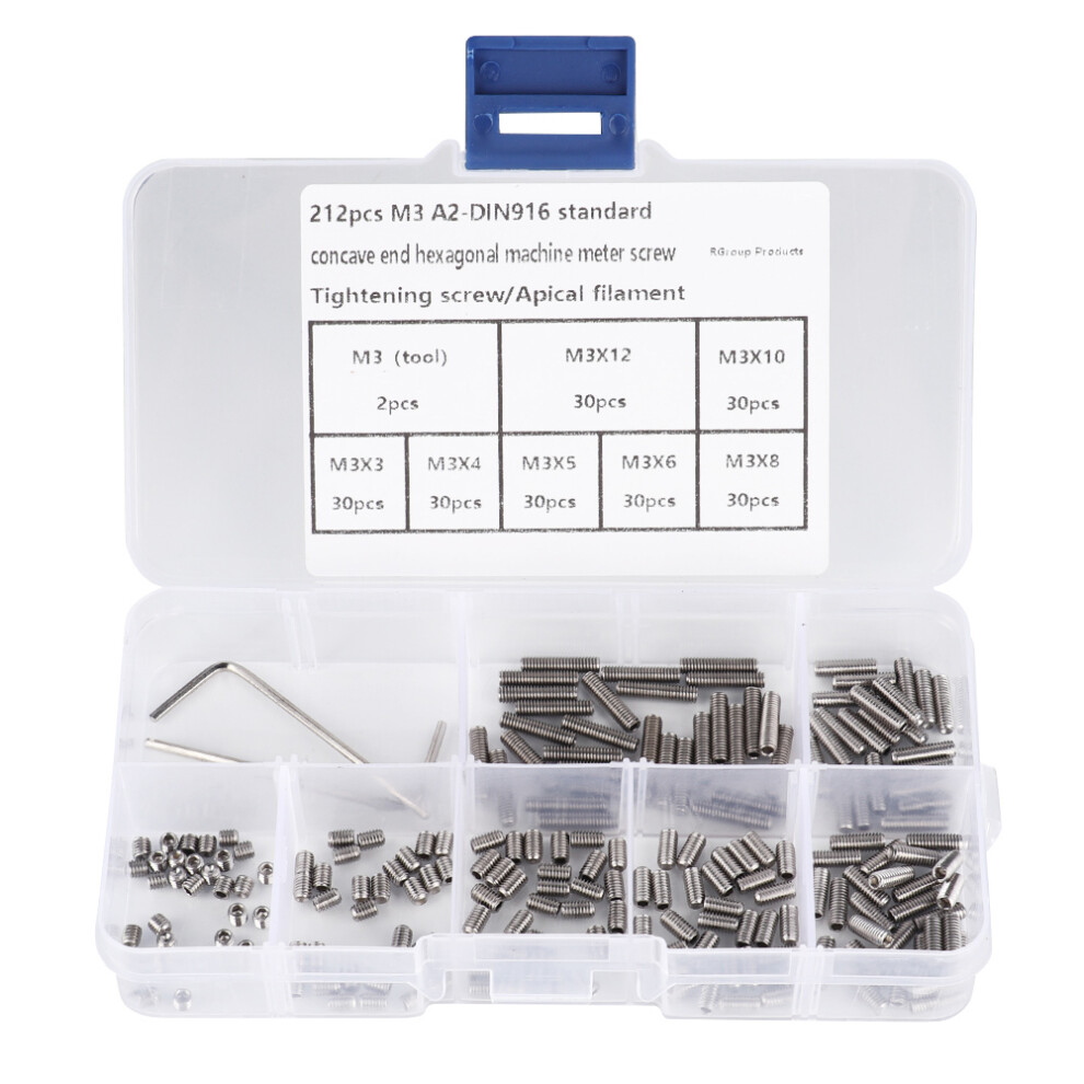212Pcs Grub Screws Stainless Steel M3 A2-DIN916