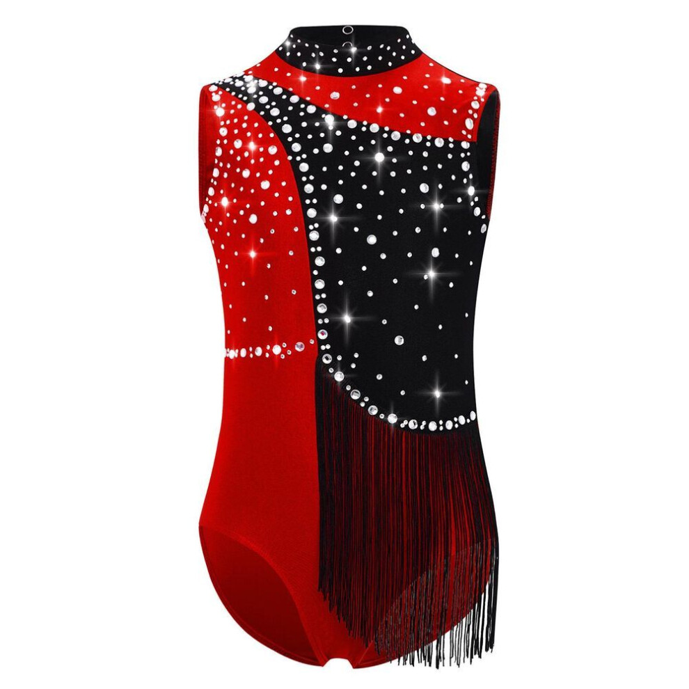 (burgundy, 11-12 Years) Girls Gymnastics Leotard Color Block Mock Neck Sleeveless Keyhole Back Shiny Rhinestones Tassels Bodysuit-image-OPC-PKGCGJQ-NEW