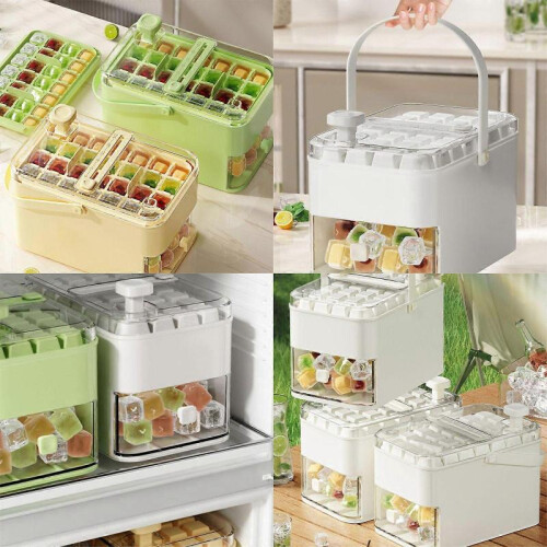 (Fruit green 56 grid) Plastic Ice Maker Reusable Press Type Ice Box with Lid and Bin Refrigerator Ice Mold Easy Press to Release Ice 1