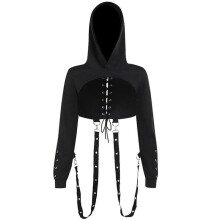 (L) Sexy Vampire-Crop Top Long Sleeved Hoodie Gothic Sweatshirt Hoodies For Women Black Streetwear Rave Outfit Teen S