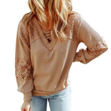 (XXL, apricot yellow) Womens Crisscross V Neck Waffles Knit Shirts Long Sleeve Loose Fitting Tee Tops Casual Pullovers Tops Pink XL