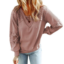 (S, Pink) Womens Crisscross V Neck Waffles Knit Shirts Long Sleeve Loose Fitting Tee Tops Casual Pullovers Tops Pink XL