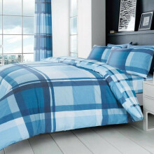 (Waverly Blue, Double) Check Duvet Cover Set Reversible Bedding Soft & Cosy Poly Cotton Printed Single Double King Size